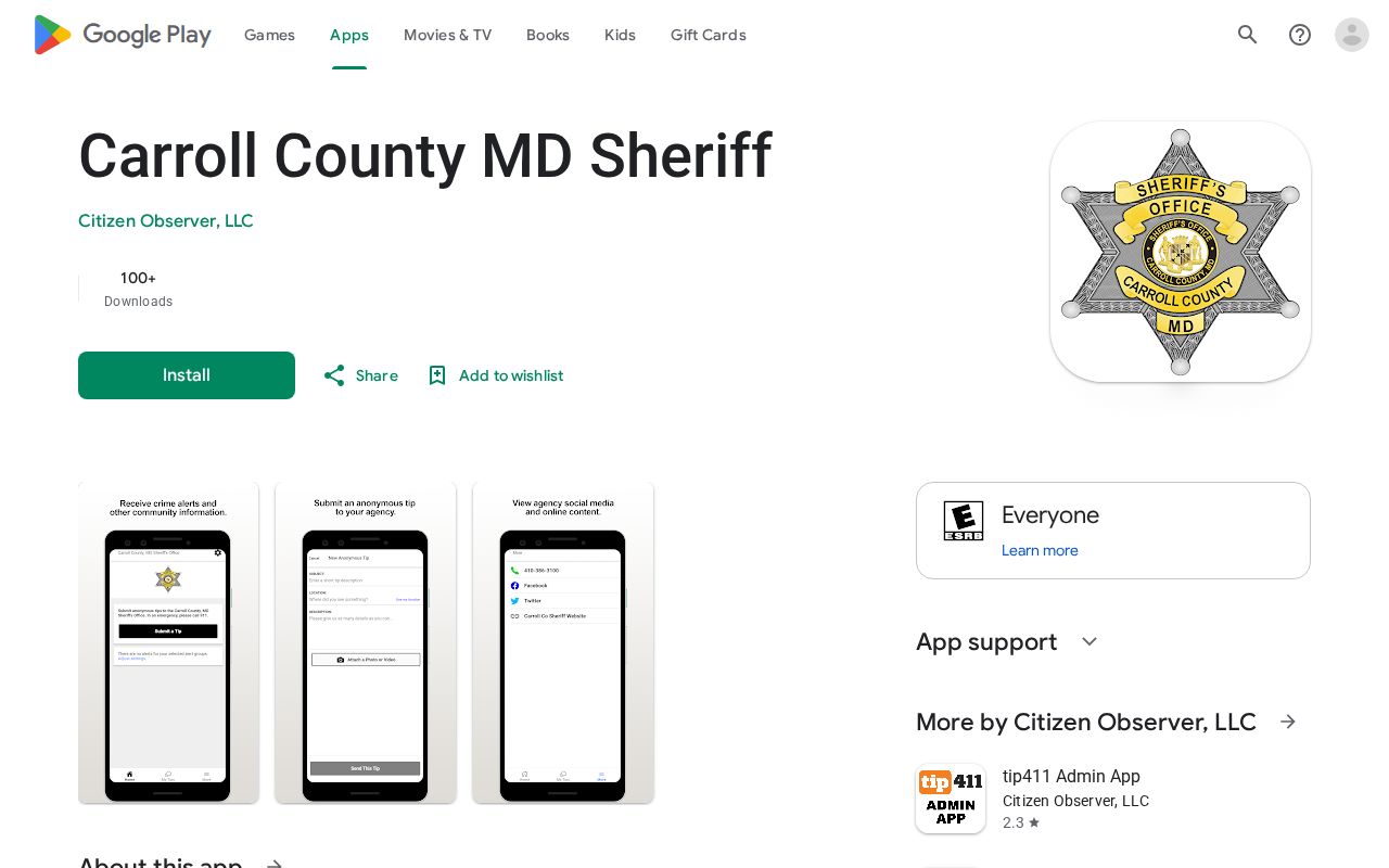 Google Play listing for the Carroll County MD Sheriff mobile app
