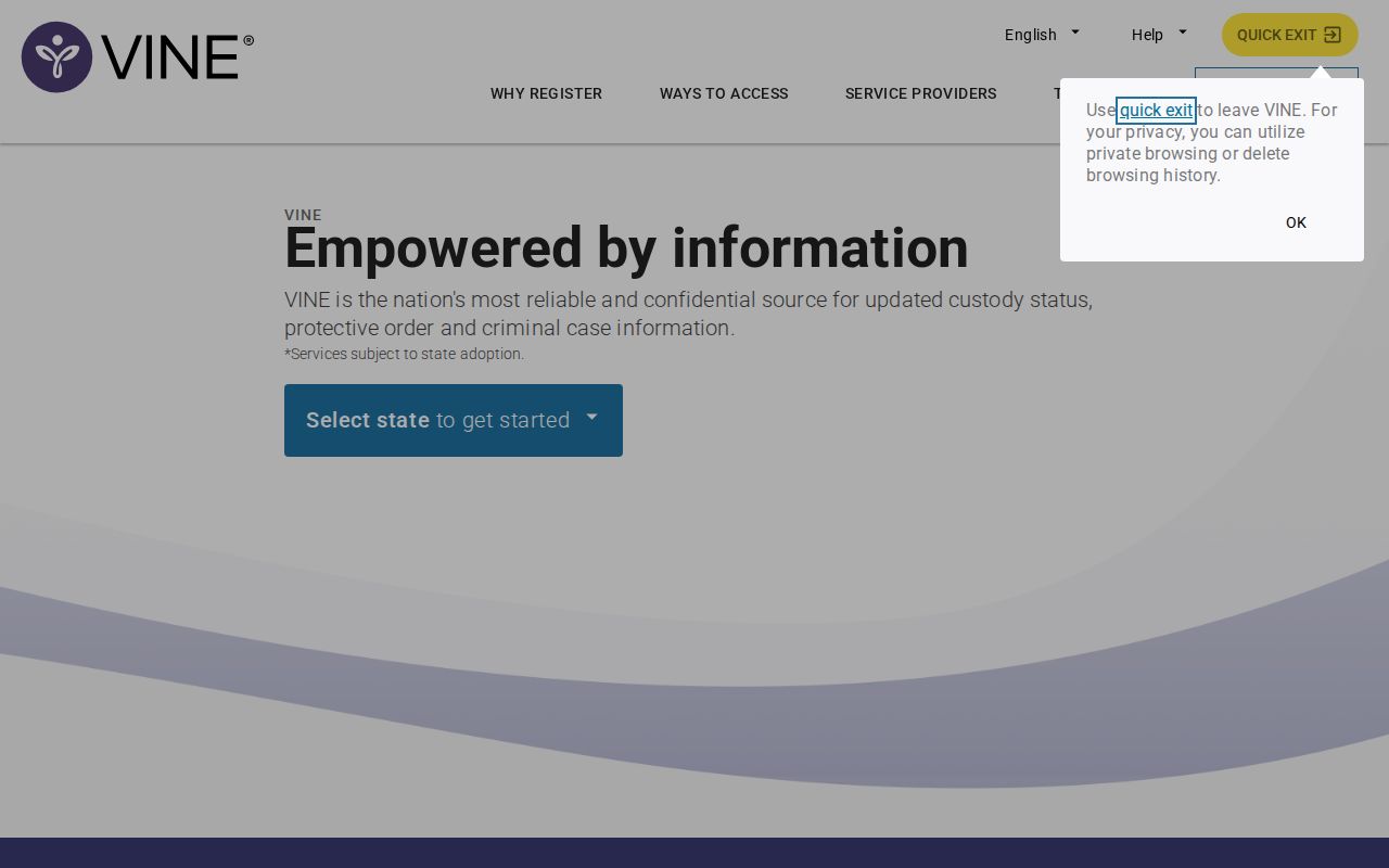 VINELink registration page for custody notification access