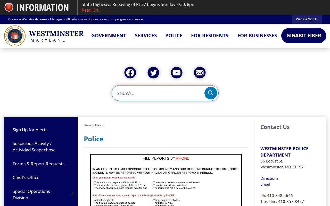 Westminster Police recent arrest and records webpage